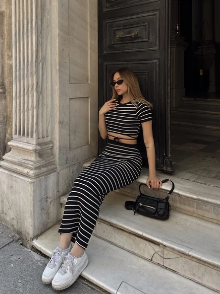 Çizgili etekli takım siyah s3609 - Resim 8