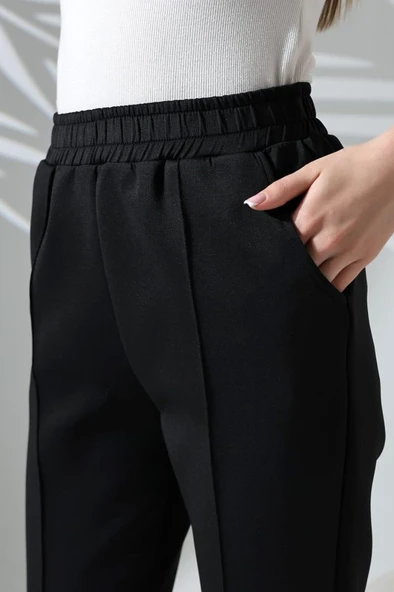 Kadın Uzun Kollu Dalıç Kumaş Cep Detay Beli Lastikli ütüsüz Pantolon - Resim 7