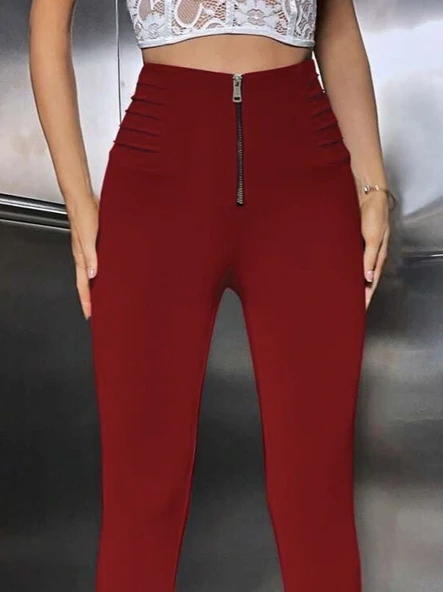 Kadın Yüksek Belli önden Fermuar Ve Nervur Detaylı Dalgıç Tayt - Resim 2