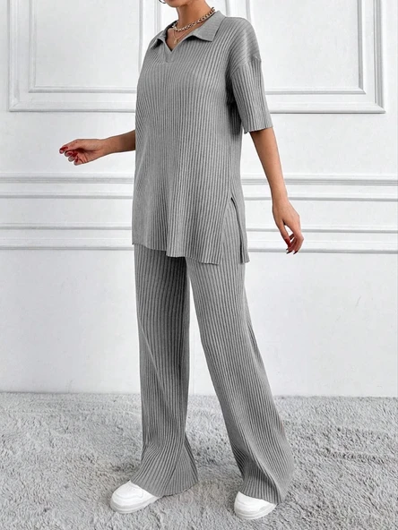 Geniş fitilli polo yaka kısa kol takım ürün görseli 1