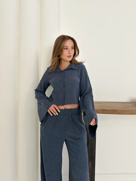 Gömlek yaka kaplama düğmeli takım lacivert st265866 - Resim 3