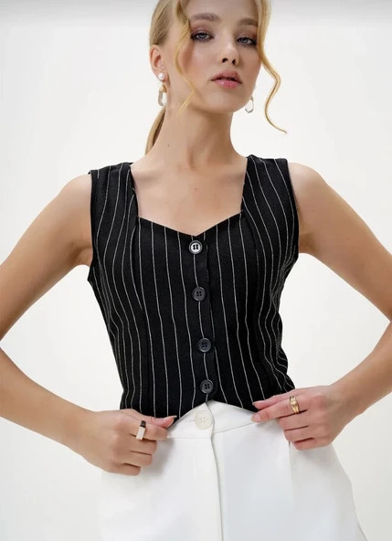 Çizgili krep düğmeli yelek siyah s3395 ürün görseli 1