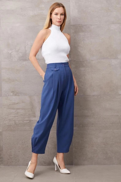 Paçası Düğmeli Yüksek Bel Pantolon - Resim 5