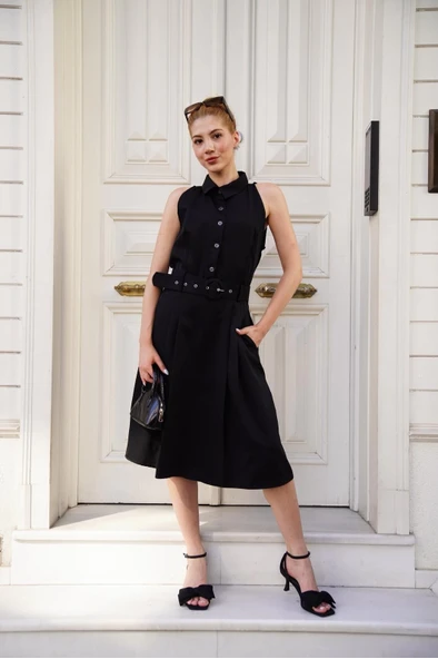 Gömlek yaka kemerli elbise siyah s255061 - Resim 2