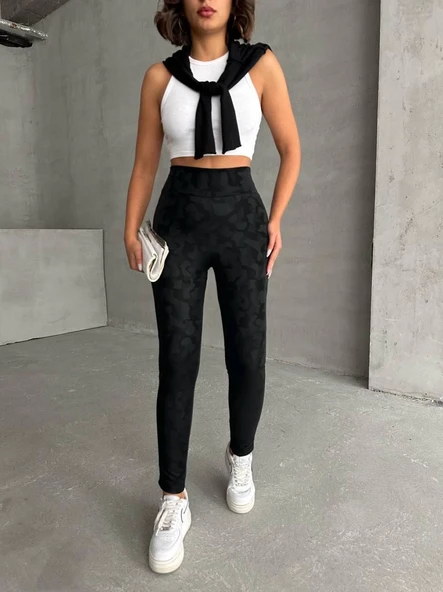 Gizli yan fermuarlı bulut desenli tayt siyah h248638 - Resim 5