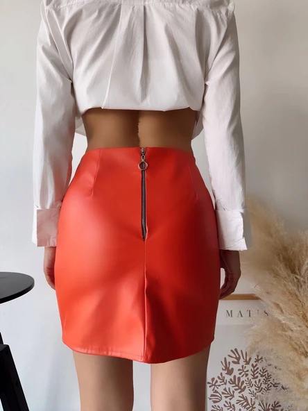 Tek yırtmaçlı arkadan fermuarlı deri etek turuncu s24475 - Resim 2