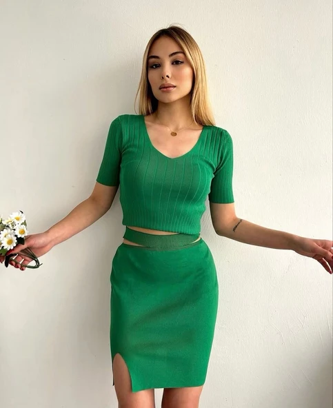 Etekli triko takım yeşil t23107 ürün görseli 1