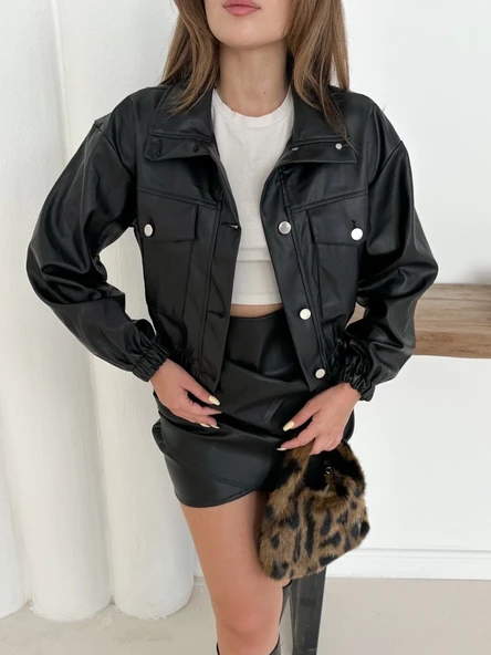 Crop bomber deri ceket siyah st2551985 ürün görseli 1