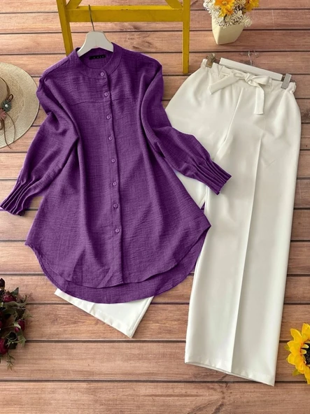 Kol Manşeti Drapeli Oval Kesim Gömlek          -Mor ürün görseli 1