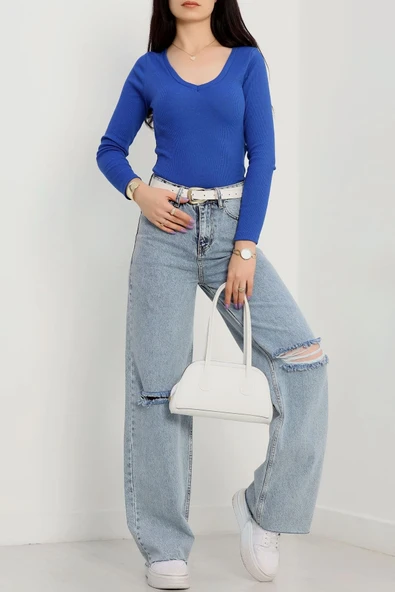 V yaka kaşkorse bluz saks mavisi a3699 - Resim 4