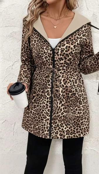 Kadın Uzun Kollu Kapşonlu çift Taraflı Cepli Bağcıklı Fermuarlı Viskon Iki Iplik Ceket - Resim 5