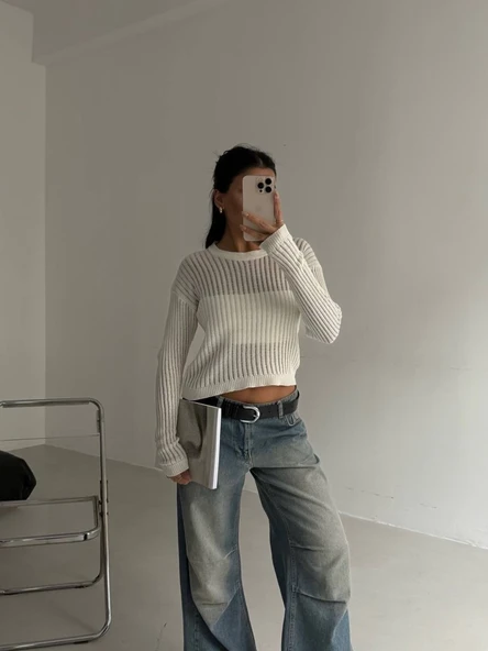 Triko transparent bluz beyaz - Resim 2