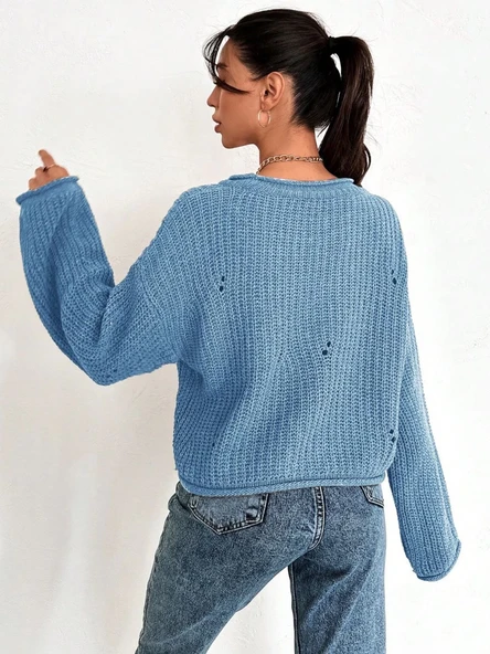 Salaş delik detaylı kazak mavi - Resim 2