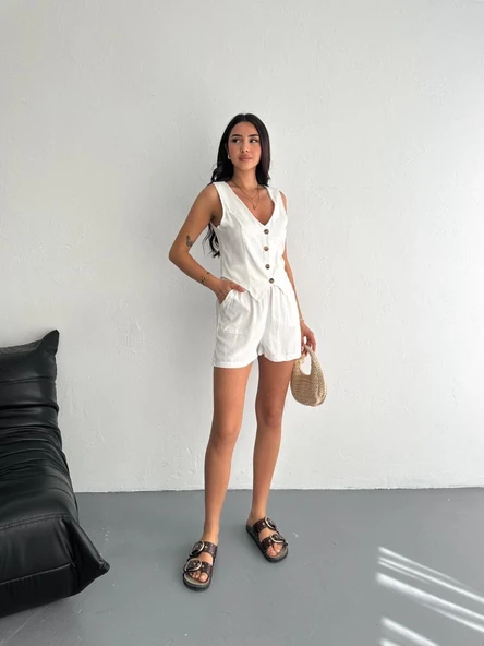 Kadın keten şort yelek takım s3461 - Resim 7