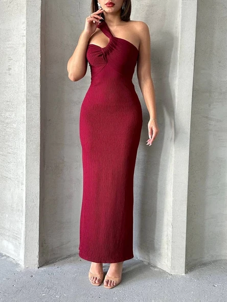 Krinkıl tek omuz uzun elbise bordo s25455 - Resim 4
