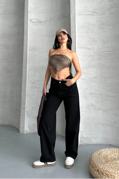 Palazzo straight enzim süper taş yıkama jeans pantolon siyah d2008 ürün görseli 1