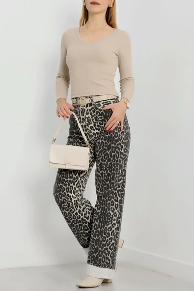 V yaka kaşkorse bluz bej a3699 - Resim 2