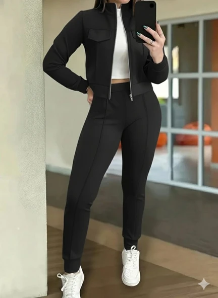 Kadın Uzun Kollu önden Fermuarlı Kısa Modal Ceket Ve Pantolon Ikili Takım ürün görseli 1