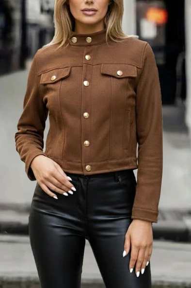 Kadın Uzun Kollu Yakadan Ve önden Düğmeli Süet Kısa Ceket - Resim 3