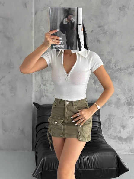 kaşkorse yaka fermuarlı bluz beyaz - Resim 4