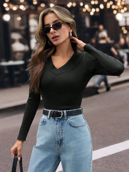 V yaka kaşkorse bluz siyah w3817 ürün görseli 1