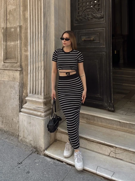 Çizgili etekli takım siyah s3609 - Resim 5