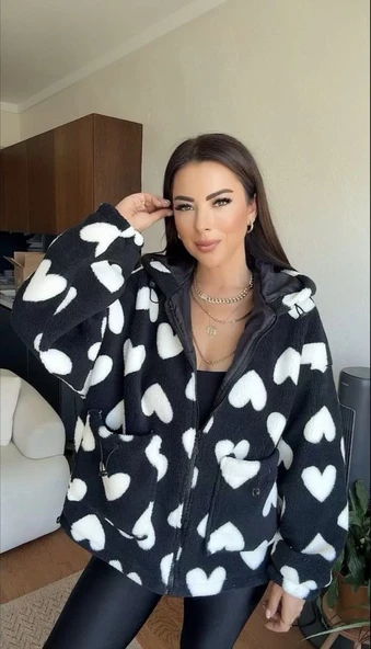 Kalpli peluş ceket içi astarlı siyahbeyaz ürün görseli 1