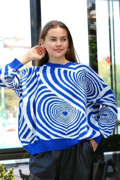 Beyaz kalp çizgili kazak saks mavisi - Resim 2