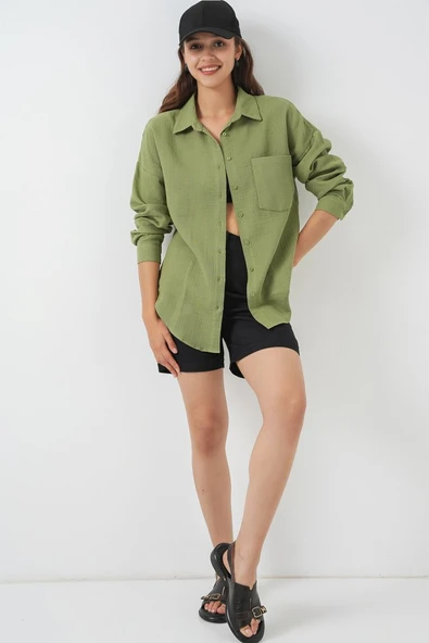 Tek Cepli Oversize Müslin Gömlek 20353 - Çağla - Resim 2