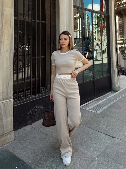 Crop pantolon biyeli takım bej - Resim 5
