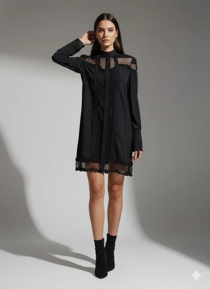 Kadın Uzun Kollu Yarım Balıkçı Yaka Transparan Detaylı Mini Elbise ürün görseli 1