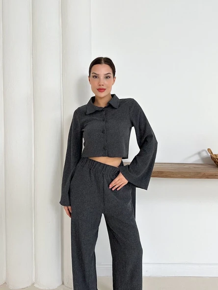 Gömlek yaka kaplama düğmeli takım antrasit st265866 - Resim 5