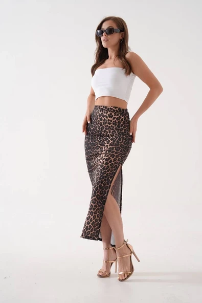 Uzun yırtmaçlı ince kumaş etek leopar - Resim 4