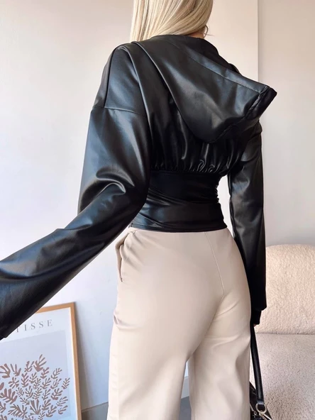 Kapşonlu yarım fermuarlı ceket siyah h24116 - Resim 4