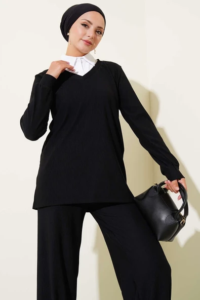 Gömlek Yaka Fitilli Salaş İkili Takım siyah T4300 - Resim 4