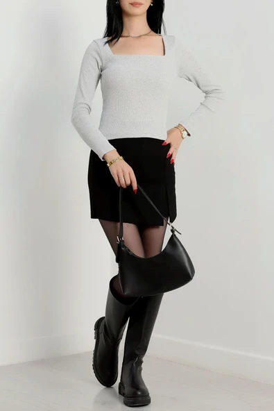 Çerçeve yaka kaşkorse bluz gri - Resim 2