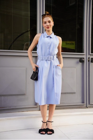 Gömlek yaka kemerli elbise mavi s255061 - Resim 3