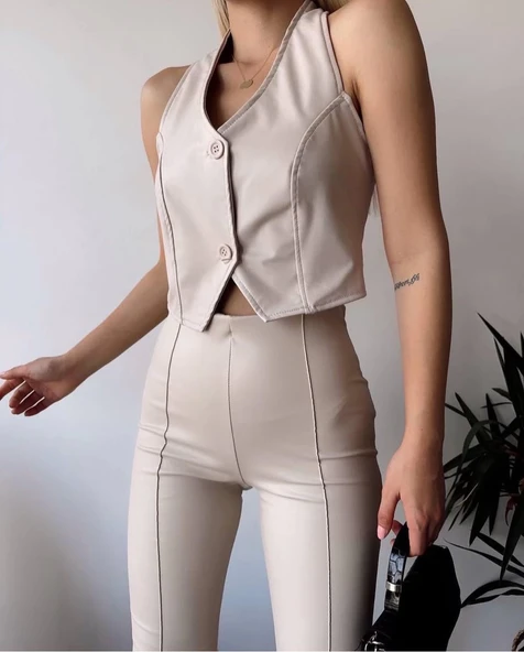 İki düğmeli deri yelek krem s243001 - Resim 2