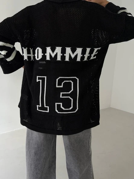 Büyük düğmeli salaş triko hırka siyahbeyaz - Resim 3