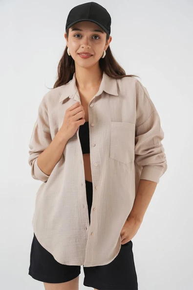 Tek Cepli Oversize Müslin Gömlek 20353 - Taş ürün görseli 1