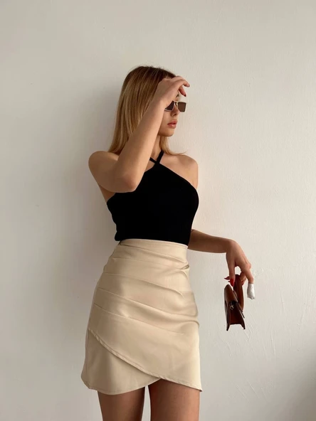 Yandan drapeli asimetrik etek bej s24771 - Resim 2