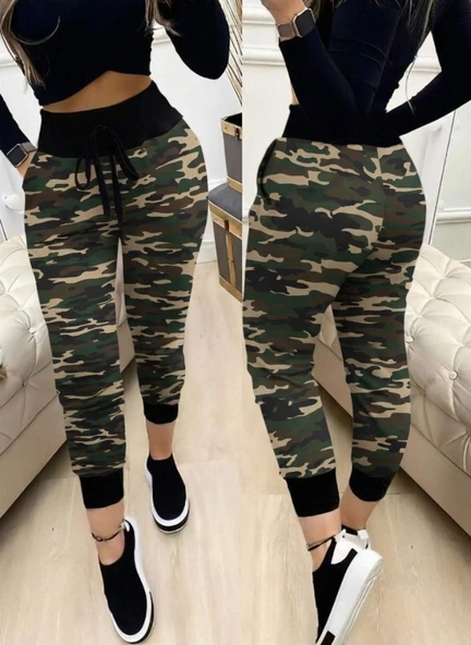 Kadın Yüksek Bel Bağcıklı Desenli Iki Iplik Pantolon ürün görseli 1