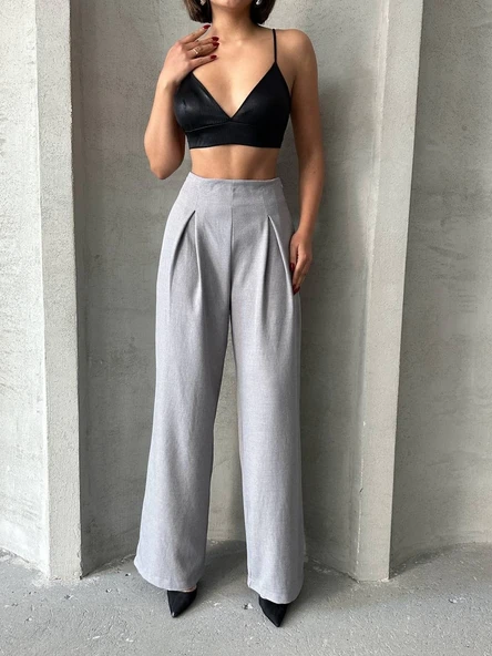 Pileli keten pantolon s255046 - Resim 4