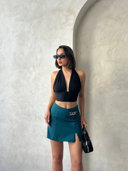 Zincirli şort etek petrol yeşili s24676 - Resim 7