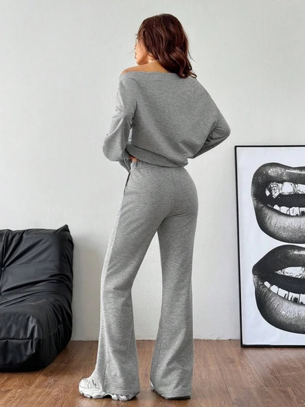 Kadın Uzun Kollu Tek Omuzdan Açık Iki Iplik Bluz Ve Pantolon Ikili Takım - Resim 3
