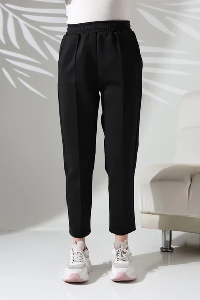 Kadın Uzun Kollu Dalıç Kumaş Cep Detay Beli Lastikli ütüsüz Pantolon - Resim 8