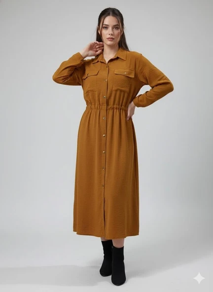 Kadın Uzun Kollu Beli Lastik Ve Düğme Detay Gömlek Elbise ürün görseli 1