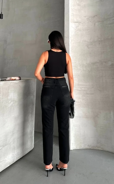Mom fit enzim bıyıklı taş yıkama jeans pantolon siyah d2006 - Resim 3