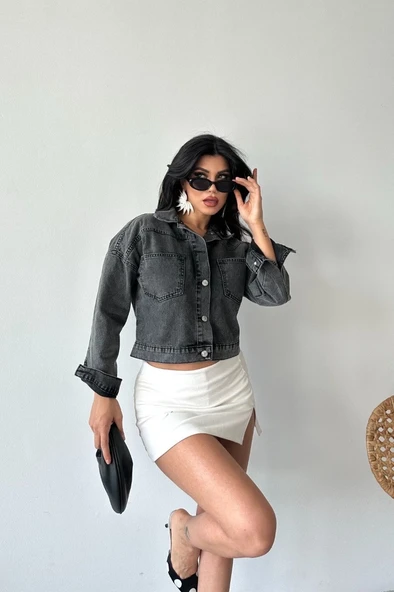 Çift cepli kol katlamalı süper taş enzim yıkama crop kot ceket füme d2000 ürün görseli 1