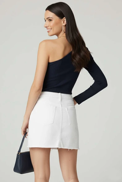 Tek Omuzlu Basic Bluz Lacivert T4275 - Resim 3